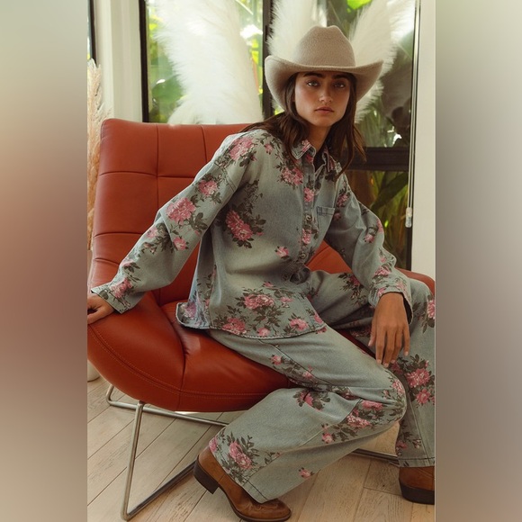 Denim floral washed button shirt elastic waist wide leg boho bohemian pant set - Picture 4 of 11